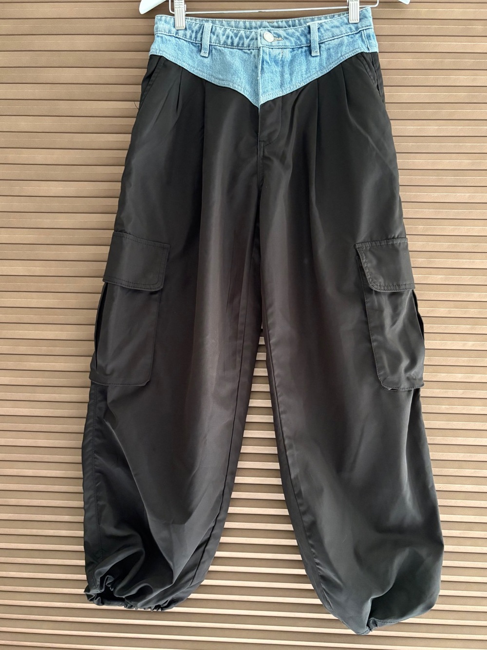Blank NYC Black Cargo Pants with Light Blue Denim Yoke